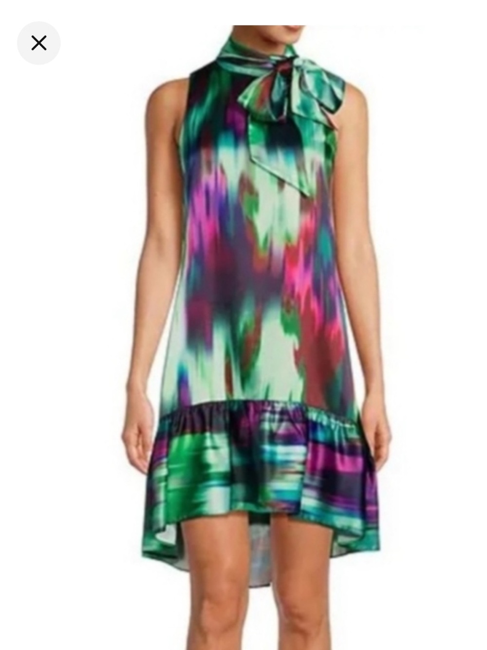 Belle by Badgley Mishka High Neck swing dress with ruffle bottom and bow at neck